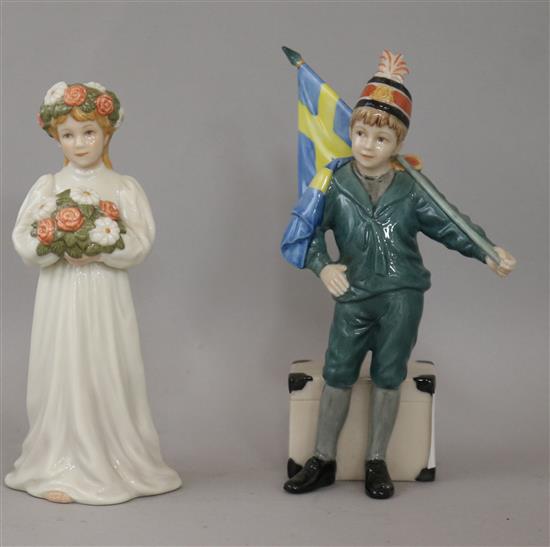 Two Royal Copenhagen limited edition figures Pontus by Carl Larson, number 433 of 7500, 18cm and Lisbeth, number 14 of 7500, 17 cm